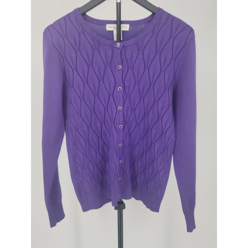 Melrose Chic New York Purple Textured Cable Knit Button Front Cardigan Medium